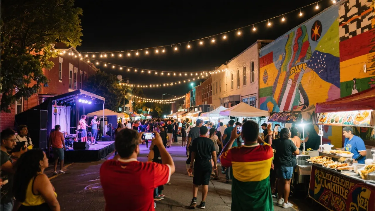 多族裔街区的夜间步行街活动，临时舞台与灯串，摊位提供不同风味食物，人们穿着各国球衣在壁画前合影