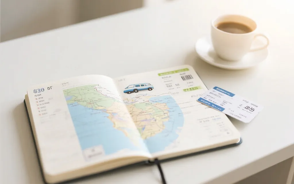 旅行预算手账与地图、车票和咖啡,规划感与秩序感