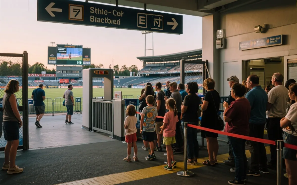 球场入口亲子排队安检场景，队伍有序，指示牌清晰，氛围温暖