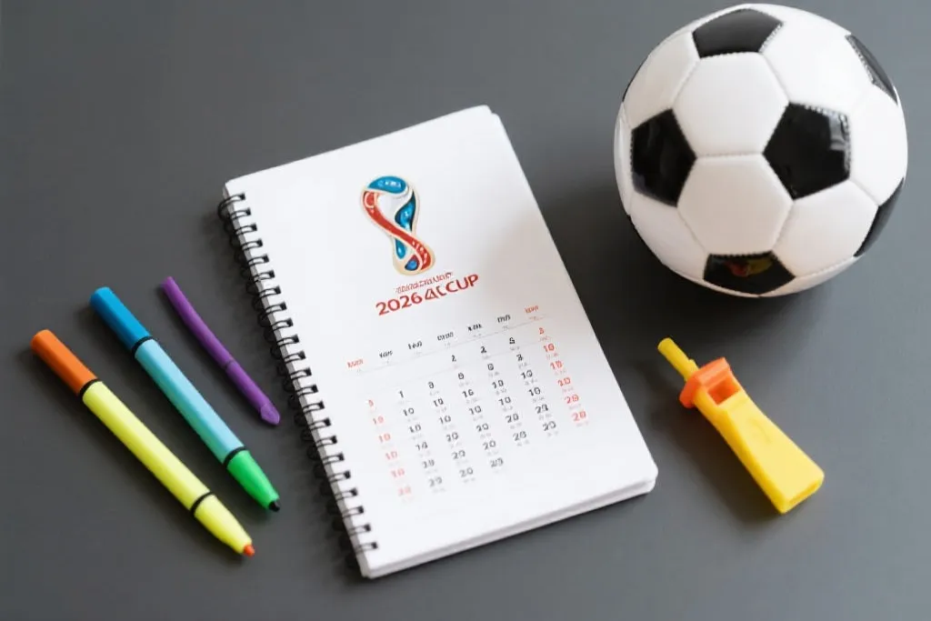 2026年世界杯赛程表手账本,旁边放着足球、哨子和彩色马克笔,现代简约风格,俯视角度